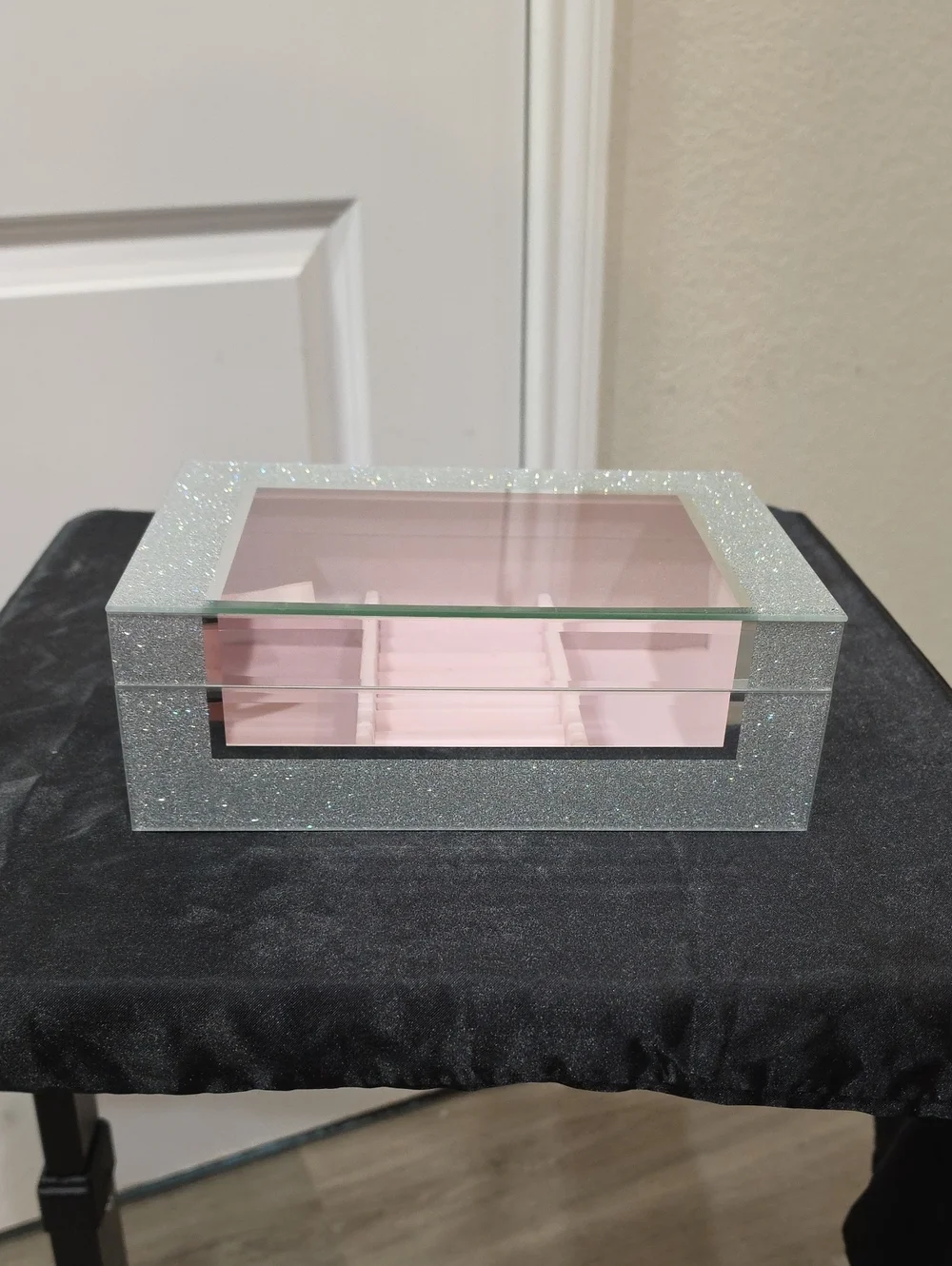 At Home Silver Glitter Mirrored Decorative Jewelry Organizer
